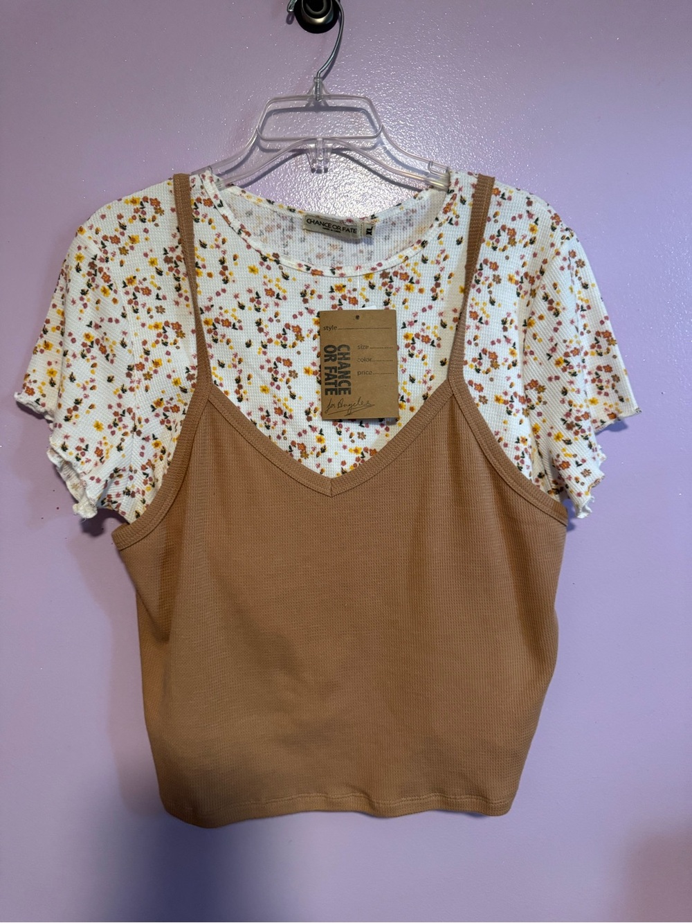 Chance or Fate White Floral Tee with Tan Camisole